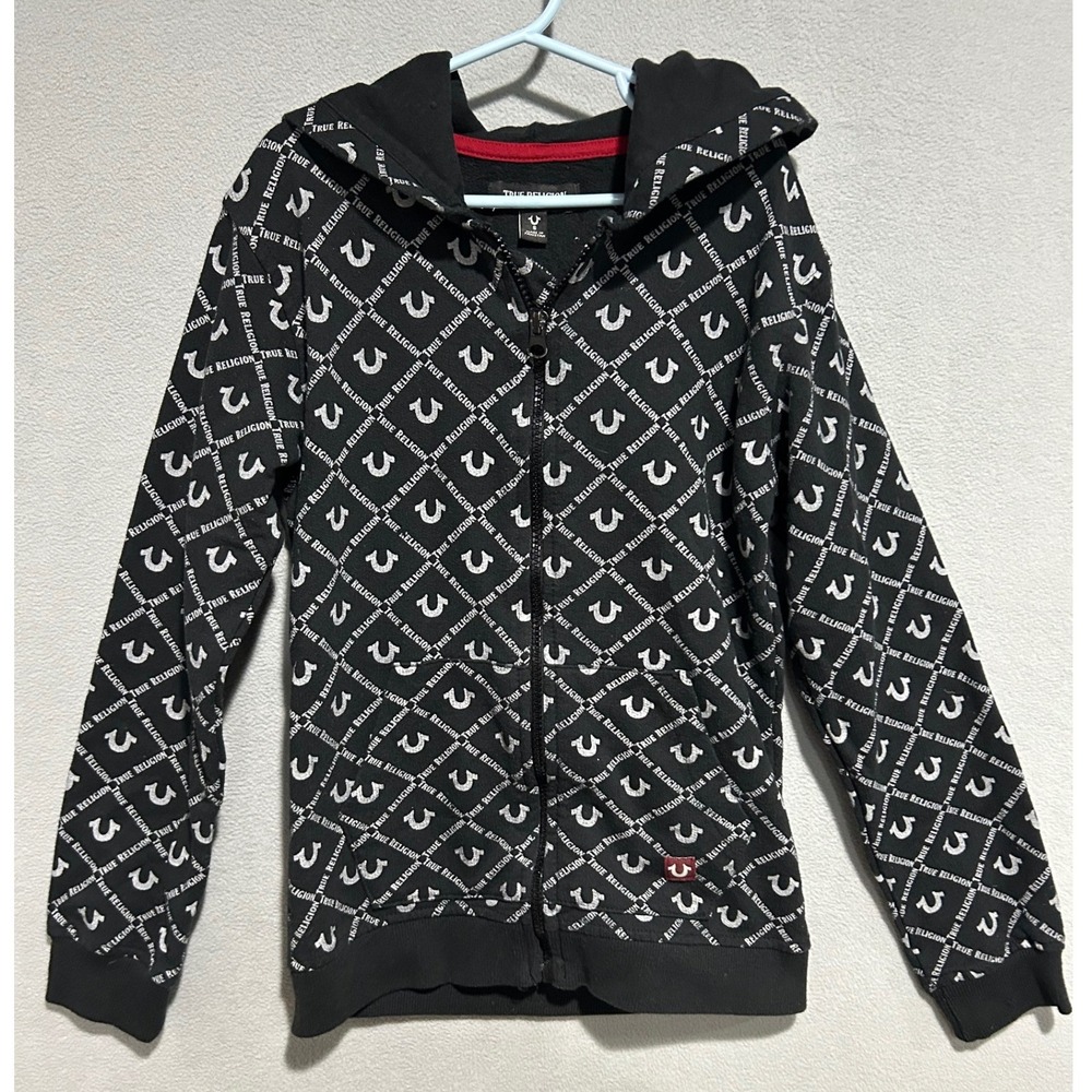 True Religion Zip Up Hooded Jacket Kids Small Black White Monogram Logo Print